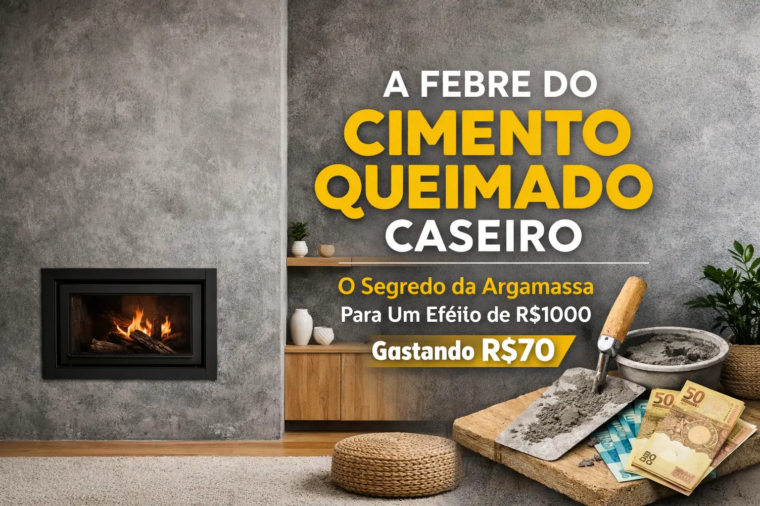 Ambiente moderno com acabamento cimento queimado e notas brasileiras