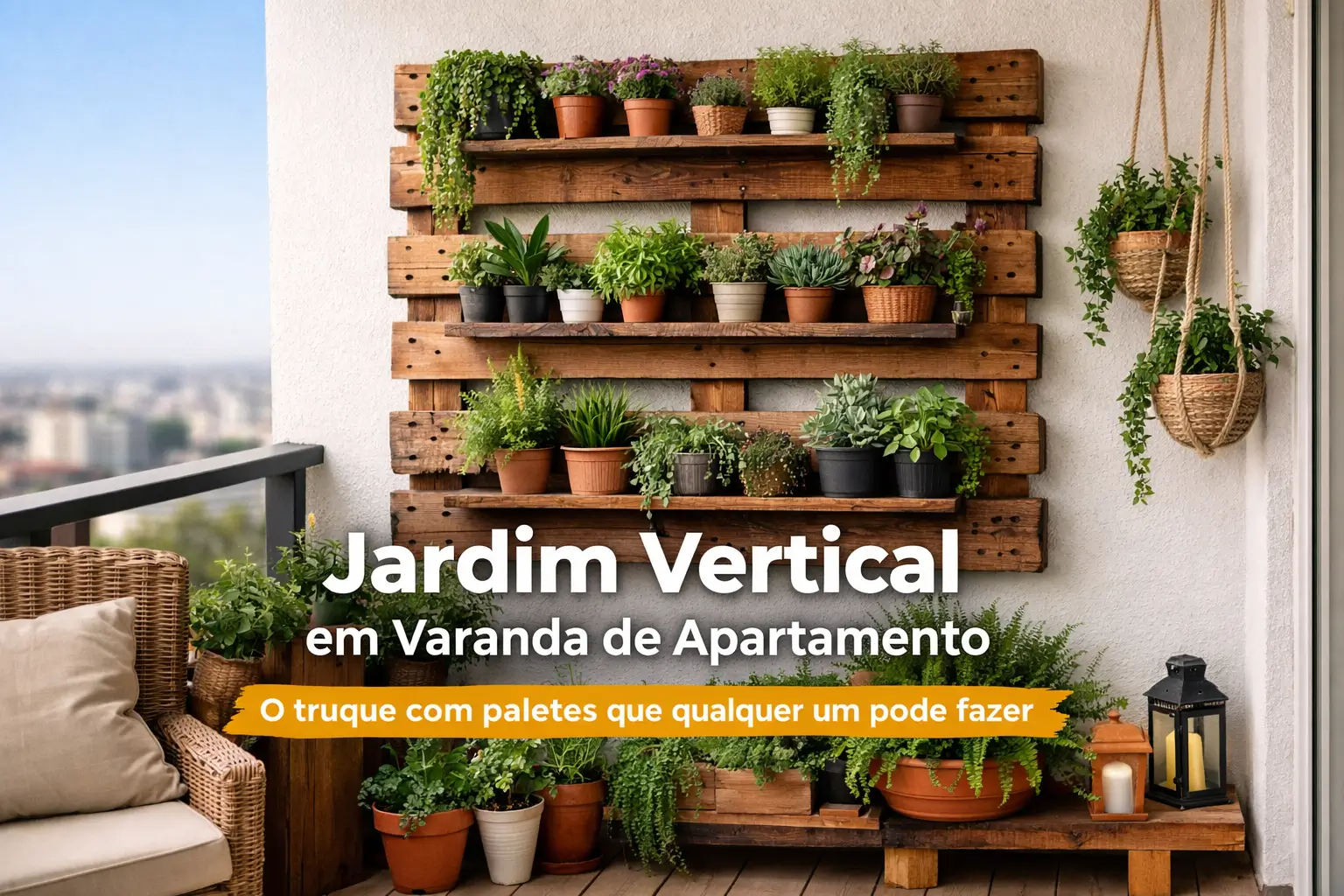 Jardim vertical em varanda com plantas e cadeira em 2026