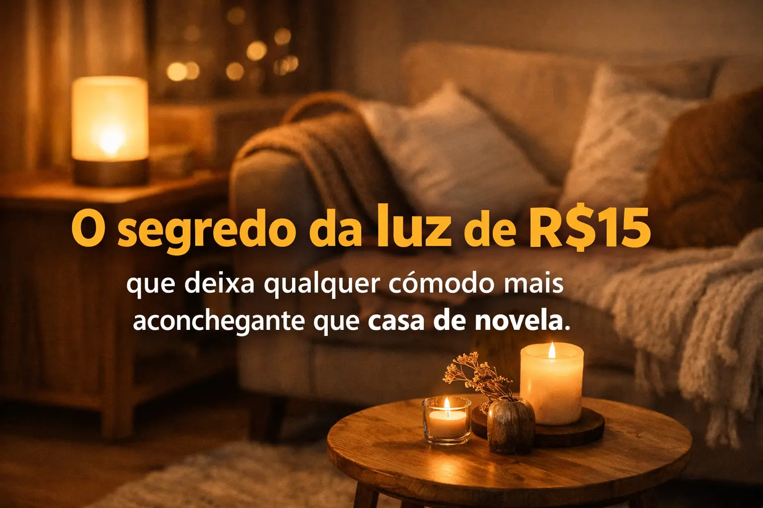 Sala aconchegante com mesa de madeira e velas em uma casa de história