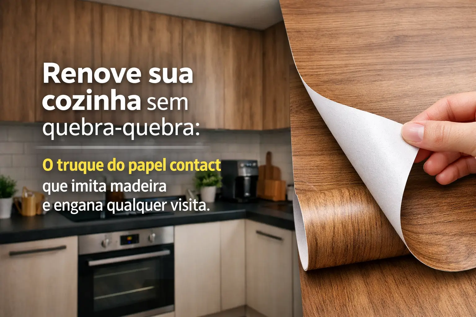 Cozinha moderna com adesivo imitando madeira, fácil renovação