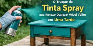 Mão com spray azul turquesa pintando uma mesa de madeira