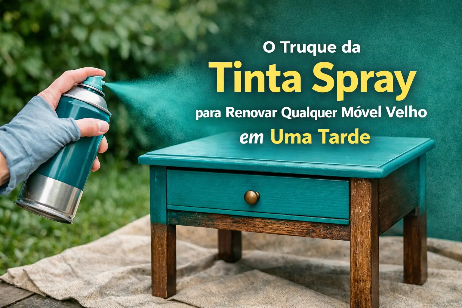 Mão com spray azul turquesa pintando uma mesa de madeira